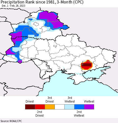 Ukraine, Moldova and Belarus Precipitation Rank since 1981, 3-Month (CPC) Thematic Map For 12/1/2022 - 2/28/2023