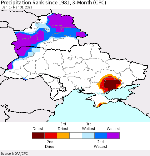 Ukraine, Moldova and Belarus Precipitation Rank since 1981, 3-Month (CPC) Thematic Map For 1/1/2023 - 3/31/2023