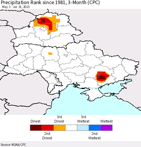 Ukraine, Moldova and Belarus Precipitation Rank since 1981, 3-Month (CPC) Thematic Map For 5/1/2023 - 7/31/2023