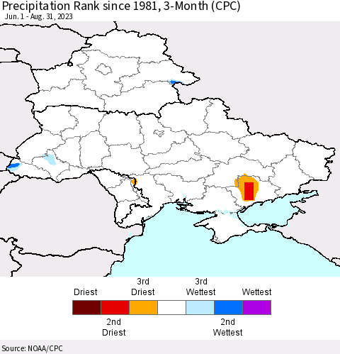Ukraine, Moldova and Belarus Precipitation Rank since 1981, 3-Month (CPC) Thematic Map For 6/1/2023 - 8/31/2023