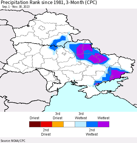 Ukraine, Moldova and Belarus Precipitation Rank since 1981, 3-Month (CPC) Thematic Map For 9/1/2023 - 11/30/2023