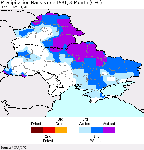 Ukraine, Moldova and Belarus Precipitation Rank since 1981, 3-Month (CPC) Thematic Map For 10/1/2023 - 12/31/2023