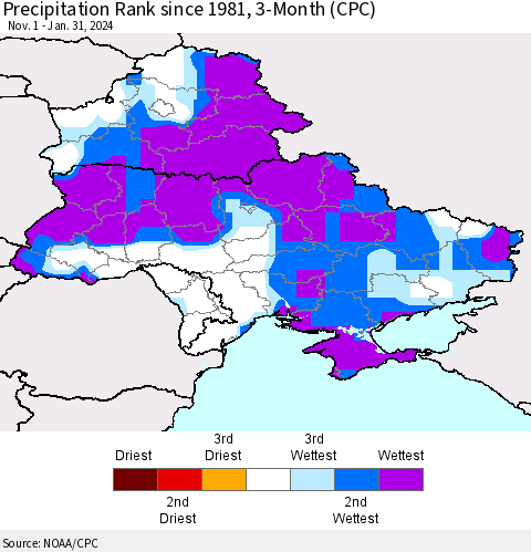 Ukraine, Moldova and Belarus Precipitation Rank since 1981, 3-Month (CPC) Thematic Map For 11/1/2023 - 1/31/2024