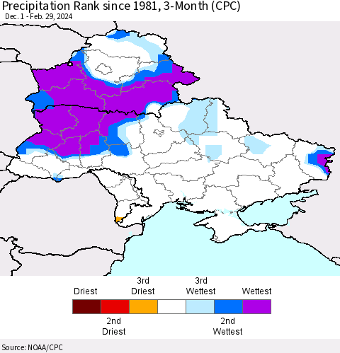 Ukraine, Moldova and Belarus Precipitation Rank since 1981, 3-Month (CPC) Thematic Map For 12/1/2023 - 2/29/2024