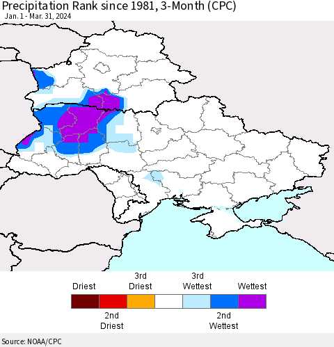 Ukraine, Moldova and Belarus Precipitation Rank since 1981, 3-Month (CPC) Thematic Map For 1/1/2024 - 3/31/2024