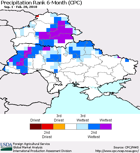 Ukraine, Moldova and Belarus Precipitation Rank since 1981, 6-Month (CPC) Thematic Map For 9/1/2017 - 2/28/2018