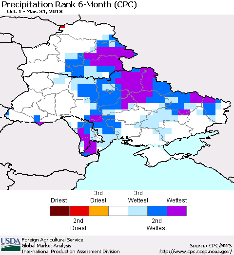 Ukraine, Moldova and Belarus Precipitation Rank since 1981, 6-Month (CPC) Thematic Map For 10/1/2017 - 3/31/2018