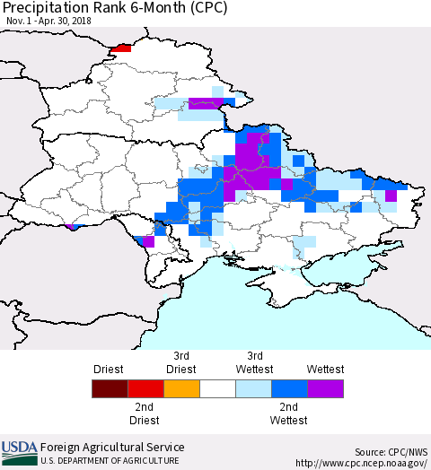 Ukraine, Moldova and Belarus Precipitation Rank since 1981, 6-Month (CPC) Thematic Map For 11/1/2017 - 4/30/2018