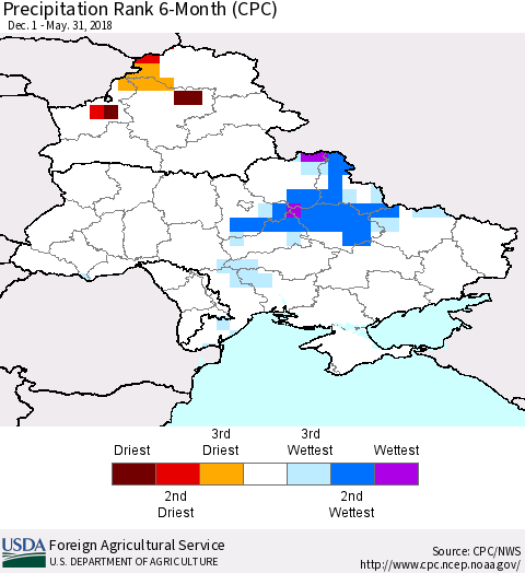 Ukraine, Moldova and Belarus Precipitation Rank since 1981, 6-Month (CPC) Thematic Map For 12/1/2017 - 5/31/2018
