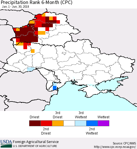 Ukraine, Moldova and Belarus Precipitation Rank since 1981, 6-Month (CPC) Thematic Map For 1/1/2018 - 6/30/2018