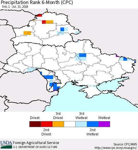 Ukraine, Moldova and Belarus Precipitation Rank since 1981, 6-Month (CPC) Thematic Map For 2/1/2018 - 7/31/2018