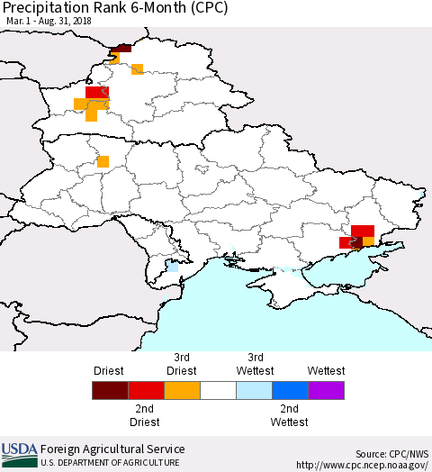 Ukraine, Moldova and Belarus Precipitation Rank since 1981, 6-Month (CPC) Thematic Map For 3/1/2018 - 8/31/2018