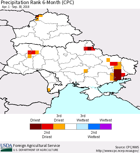 Ukraine, Moldova and Belarus Precipitation Rank since 1981, 6-Month (CPC) Thematic Map For 4/1/2018 - 9/30/2018