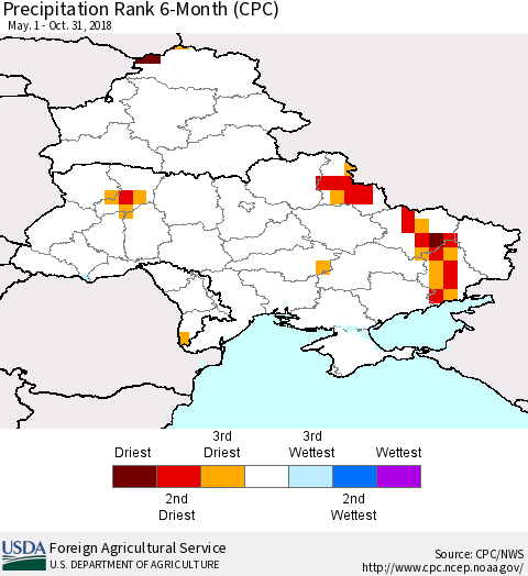 Ukraine, Moldova and Belarus Precipitation Rank since 1981, 6-Month (CPC) Thematic Map For 5/1/2018 - 10/31/2018