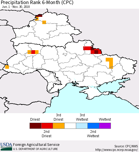 Ukraine, Moldova and Belarus Precipitation Rank since 1981, 6-Month (CPC) Thematic Map For 6/1/2018 - 11/30/2018