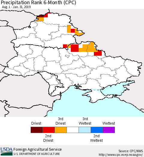 Ukraine, Moldova and Belarus Precipitation Rank since 1981, 6-Month (CPC) Thematic Map For 8/1/2018 - 1/31/2019