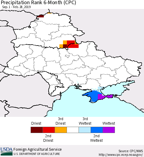 Ukraine, Moldova and Belarus Precipitation Rank since 1981, 6-Month (CPC) Thematic Map For 9/1/2018 - 2/28/2019
