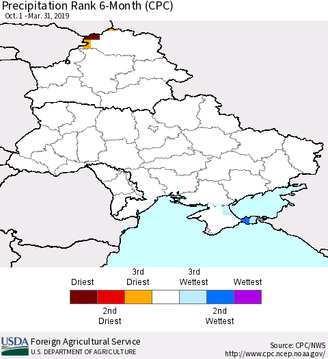 Ukraine, Moldova and Belarus Precipitation Rank 6-Month (CPC) Thematic Map For 10/1/2018 - 3/31/2019