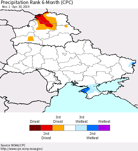 Ukraine, Moldova and Belarus Precipitation Rank 6-Month (CPC) Thematic Map For 11/1/2018 - 4/30/2019