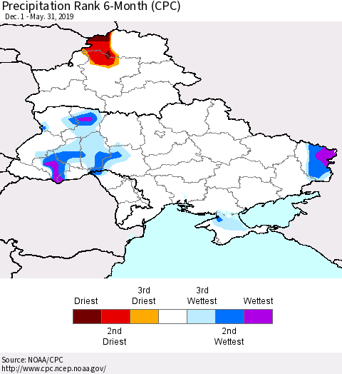 Ukraine, Moldova and Belarus Precipitation Rank 6-Month (CPC) Thematic Map For 12/1/2018 - 5/31/2019