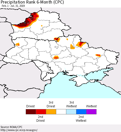 Ukraine, Moldova and Belarus Precipitation Rank 6-Month (CPC) Thematic Map For 2/1/2019 - 7/31/2019