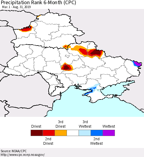 Ukraine, Moldova and Belarus Precipitation Rank 6-Month (CPC) Thematic Map For 3/1/2019 - 8/31/2019