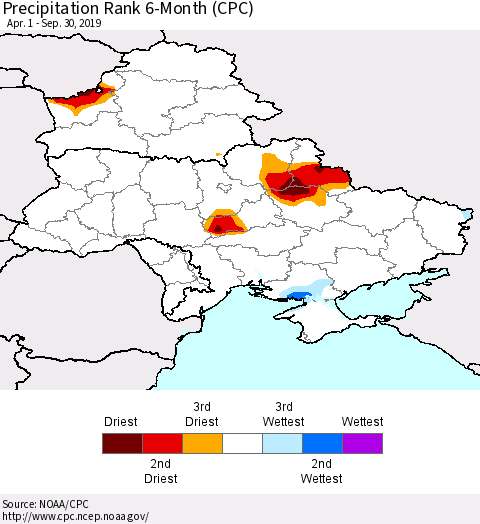 Ukraine, Moldova and Belarus Precipitation Rank 6-Month (CPC) Thematic Map For 4/1/2019 - 9/30/2019