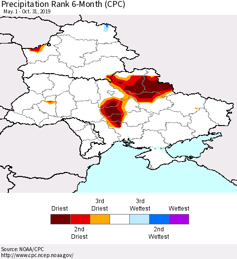 Ukraine, Moldova and Belarus Precipitation Rank 6-Month (CPC) Thematic Map For 5/1/2019 - 10/31/2019