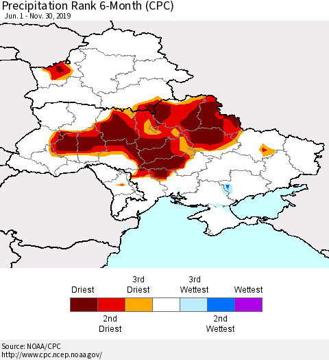 Ukraine, Moldova and Belarus Precipitation Rank since 1981, 6-Month (CPC) Thematic Map For 6/1/2019 - 11/30/2019