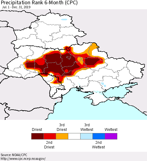 Ukraine, Moldova and Belarus Precipitation Rank 6-Month (CPC) Thematic Map For 7/1/2019 - 12/31/2019