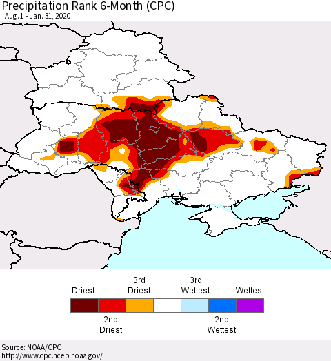 Ukraine, Moldova and Belarus Precipitation Rank 6-Month (CPC) Thematic Map For 8/1/2019 - 1/31/2020