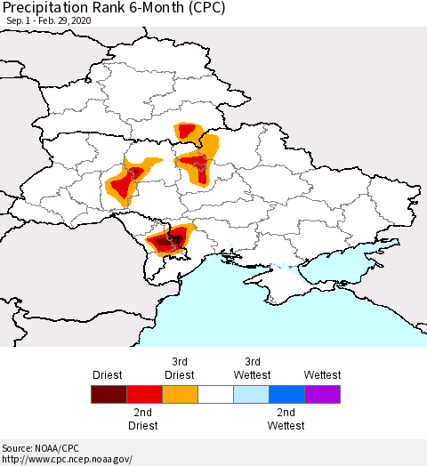 Ukraine, Moldova and Belarus Precipitation Rank 6-Month (CPC) Thematic Map For 9/1/2019 - 2/29/2020