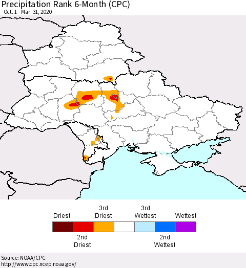 Ukraine, Moldova and Belarus Precipitation Rank 6-Month (CPC) Thematic Map For 10/1/2019 - 3/31/2020