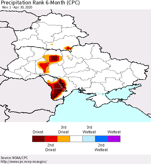 Ukraine, Moldova and Belarus Precipitation Rank since 1981, 6-Month (CPC) Thematic Map For 11/1/2019 - 4/30/2020