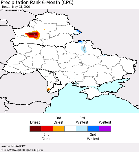 Ukraine, Moldova and Belarus Precipitation Rank 6-Month (CPC) Thematic Map For 12/1/2019 - 5/31/2020