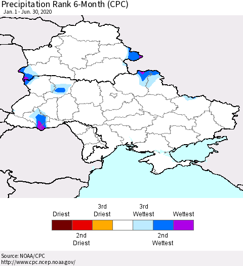 Ukraine, Moldova and Belarus Precipitation Rank 6-Month (CPC) Thematic Map For 1/1/2020 - 6/30/2020