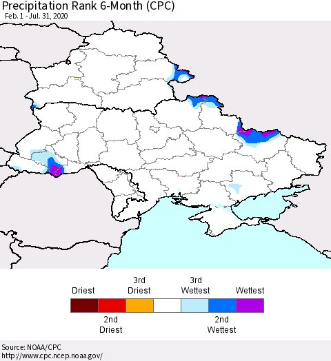 Ukraine, Moldova and Belarus Precipitation Rank 6-Month (CPC) Thematic Map For 2/1/2020 - 7/31/2020