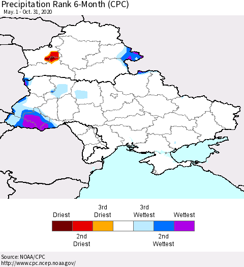 Ukraine, Moldova and Belarus Precipitation Rank 6-Month (CPC) Thematic Map For 5/1/2020 - 10/31/2020