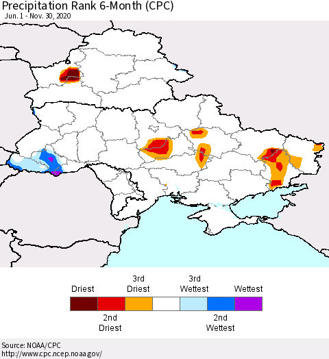 Ukraine, Moldova and Belarus Precipitation Rank 6-Month (CPC) Thematic Map For 6/1/2020 - 11/30/2020