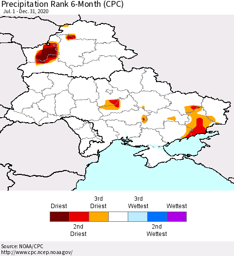 Ukraine, Moldova and Belarus Precipitation Rank 6-Month (CPC) Thematic Map For 7/1/2020 - 12/31/2020