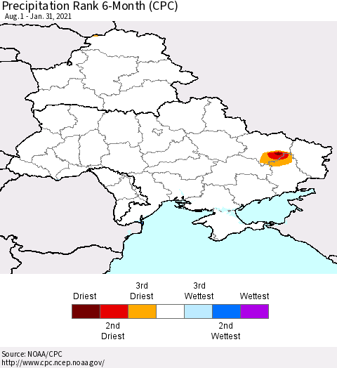 Ukraine, Moldova and Belarus Precipitation Rank 6-Month (CPC) Thematic Map For 8/1/2020 - 1/31/2021