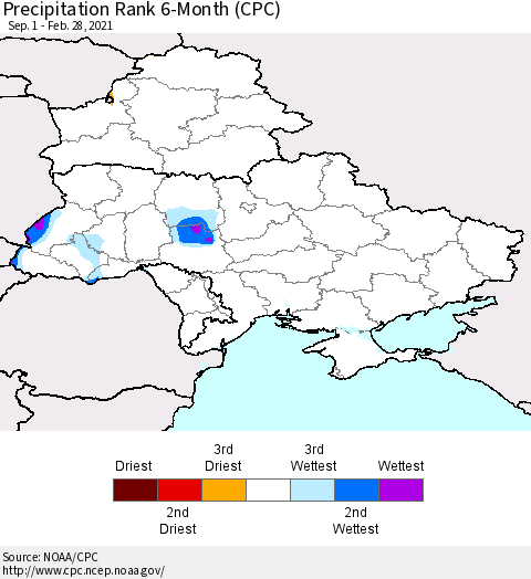 Ukraine, Moldova and Belarus Precipitation Rank 6-Month (CPC) Thematic Map For 9/1/2020 - 2/28/2021