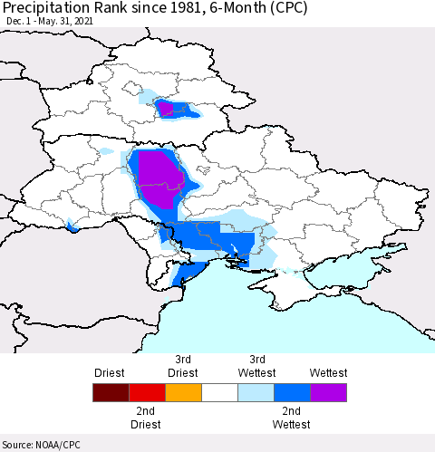 Ukraine, Moldova and Belarus Precipitation Rank 6-Month (CPC) Thematic Map For 12/1/2020 - 5/31/2021