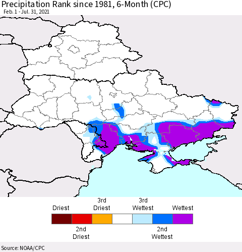 Ukraine, Moldova and Belarus Precipitation Rank since 1981, 6-Month (CPC) Thematic Map For 2/1/2021 - 7/31/2021
