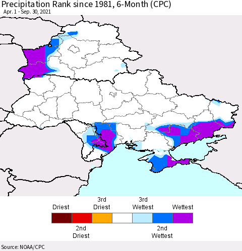 Ukraine, Moldova and Belarus Precipitation Rank since 1981, 6-Month (CPC) Thematic Map For 4/1/2021 - 9/30/2021