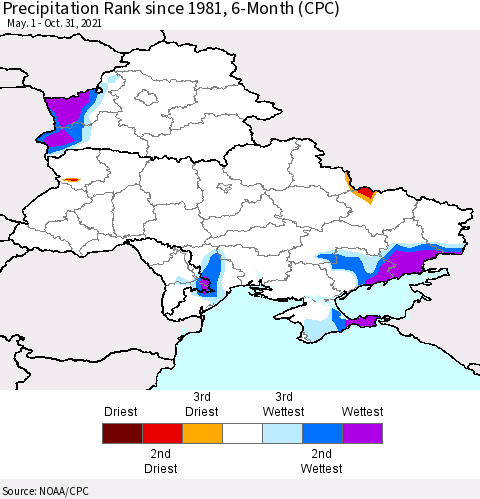 Ukraine, Moldova and Belarus Precipitation Rank 6-Month (CPC) Thematic Map For 5/1/2021 - 10/31/2021