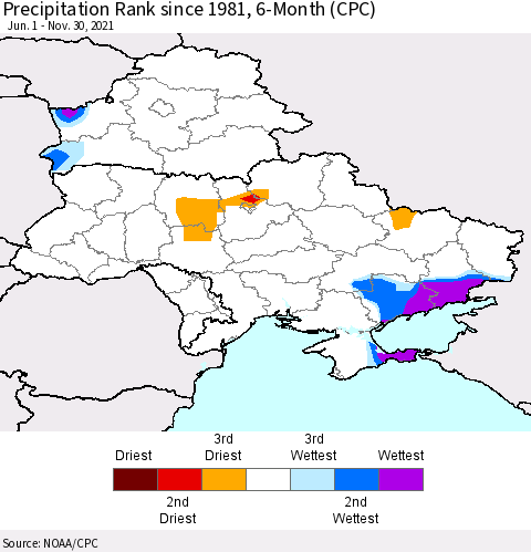 Ukraine, Moldova and Belarus Precipitation Rank since 1981, 6-Month (CPC) Thematic Map For 6/1/2021 - 11/30/2021