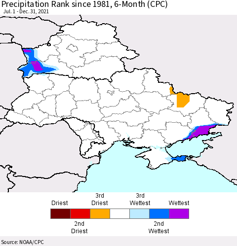 Ukraine, Moldova and Belarus Precipitation Rank since 1981, 6-Month (CPC) Thematic Map For 7/1/2021 - 12/31/2021