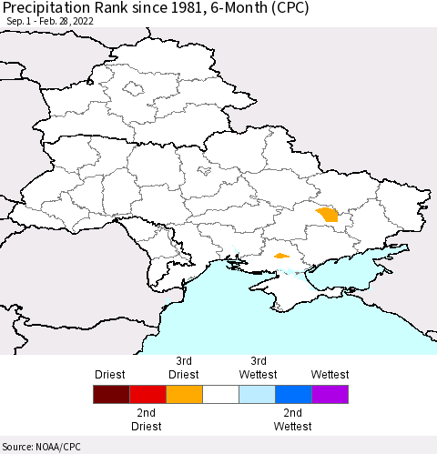 Ukraine, Moldova and Belarus Precipitation Rank since 1981, 6-Month (CPC) Thematic Map For 9/1/2021 - 2/28/2022