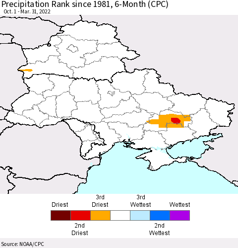 Ukraine, Moldova and Belarus Precipitation Rank 6-Month (CPC) Thematic Map For 10/1/2021 - 3/31/2022